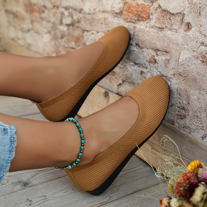 Round Toe Flats Shoes Casual Comfortable Soft Slip On Knit Mesh Shoes For Women 