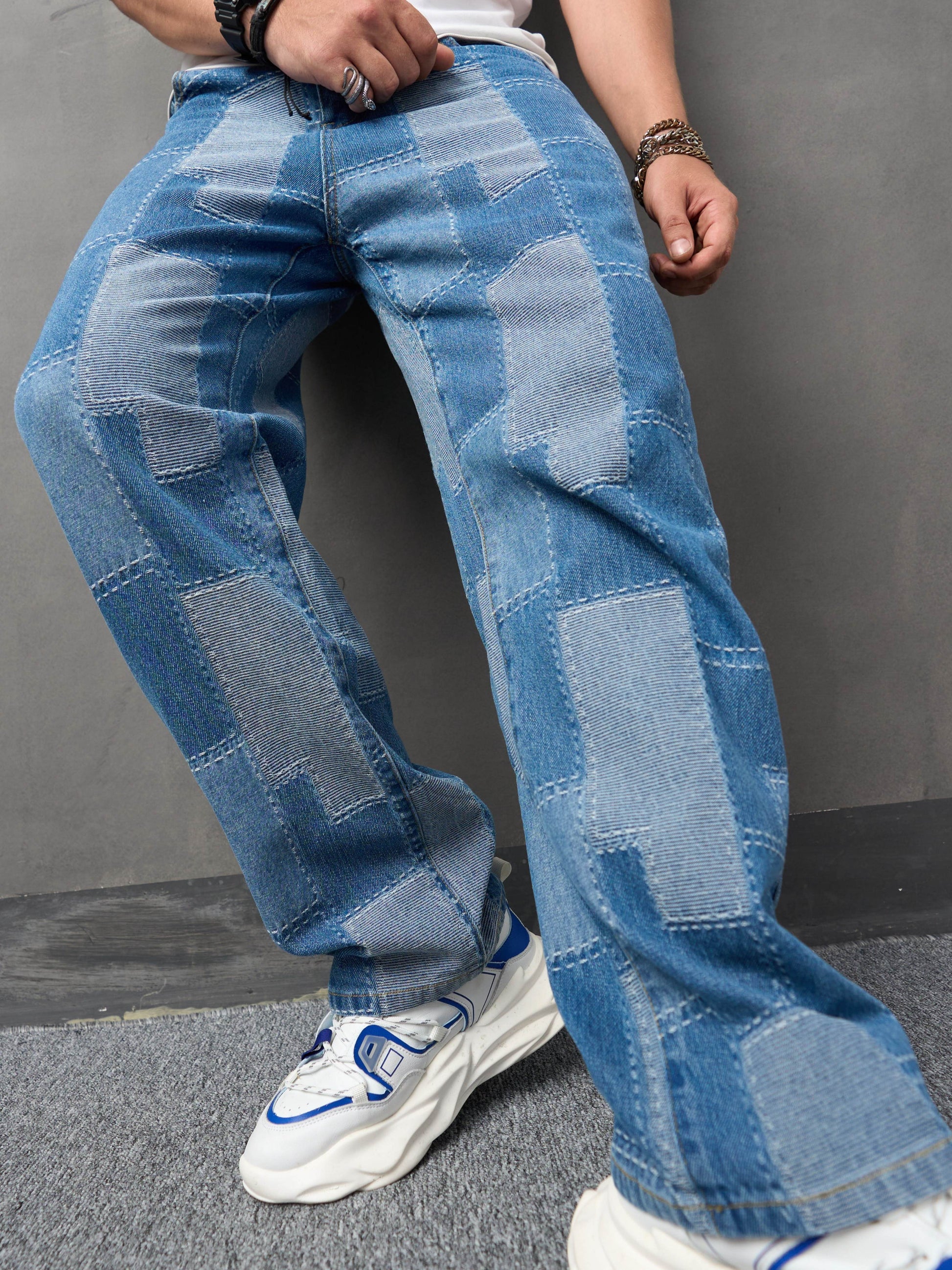Mens Trendy Patchwork Denim Jeans - Stylish Streetwear Loose Wide-Leg Pants for Hip Hop Fans - Comfortable Denim Fabric with a Fashion-Forward Look