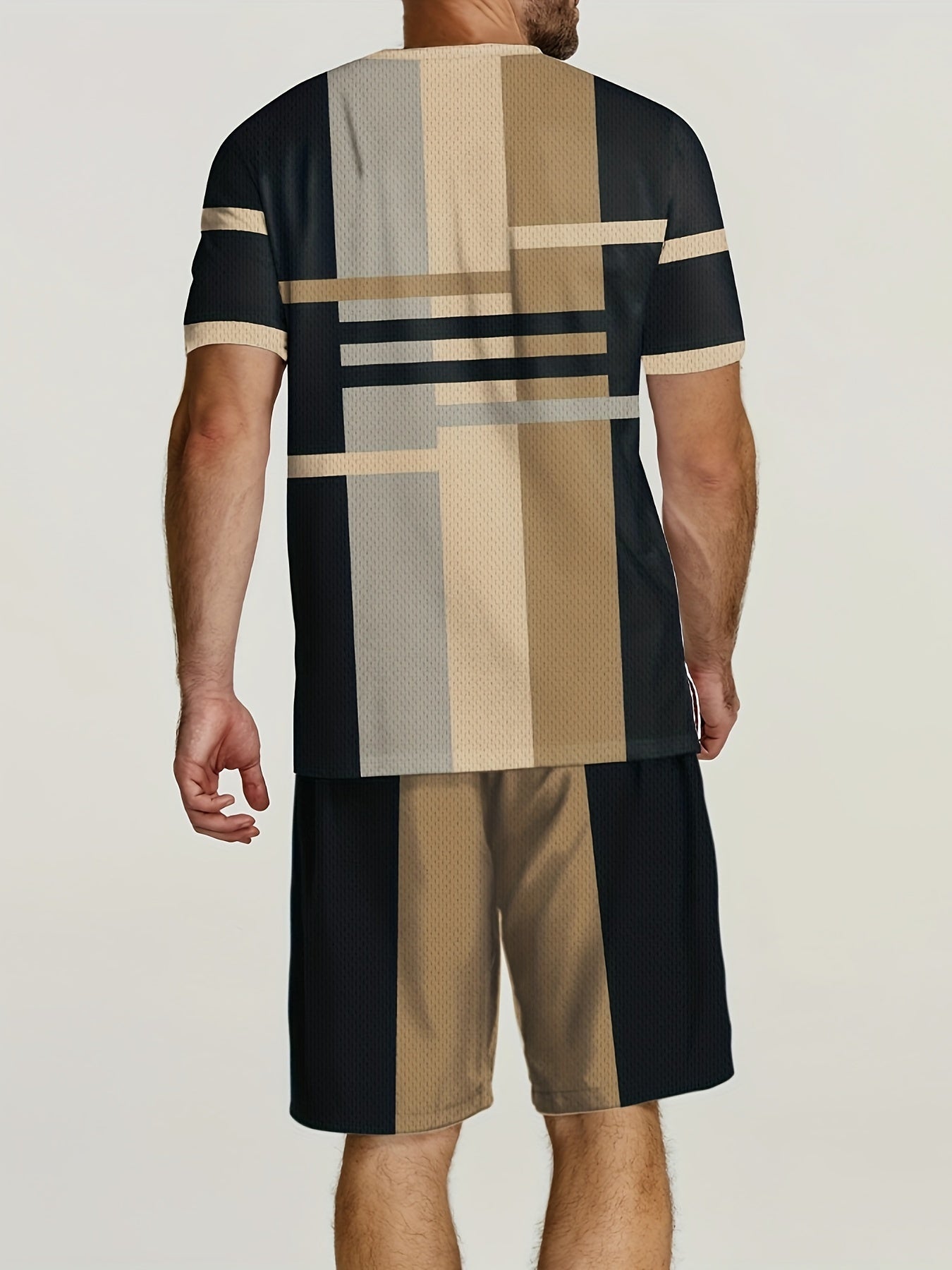 2-Piece Mens Casual Co-ord Set - Color Block Pattern Crew Neck Short Sleeve T-Shirt and Drawstring Shorts with Pockets - Machine Washable, Slight Stretch, Trendy and Chic for Summer Street and Workout Wear