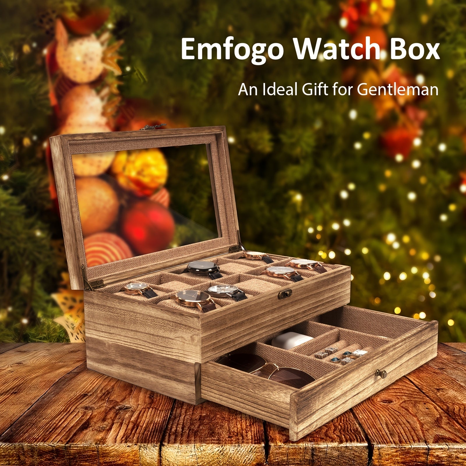 10-Slot Rustic Brown Wooden Watch Box - Large Capacity Watch Case for Men and Women, Display Organizer with Soft Velvet Interior, Perfect Gift for Boyfriend, Fathers Day, Birthday, and Anniversary