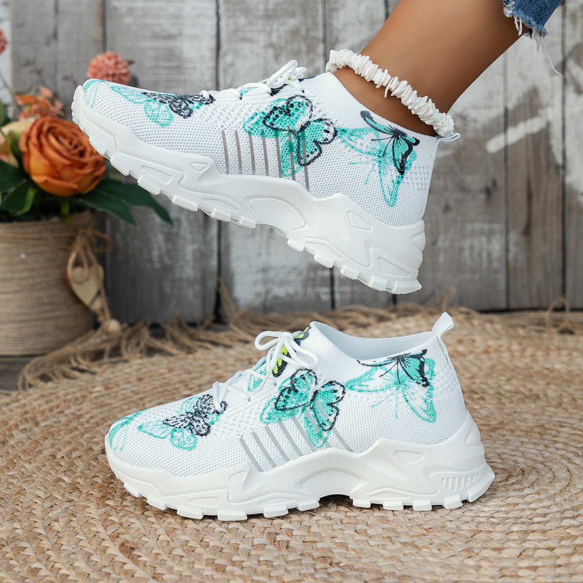 Butterfly Print Mesh Sneakers Women's Flat Heel Casual Shoes Fashion Running Jogging Walking Sports Shoes 