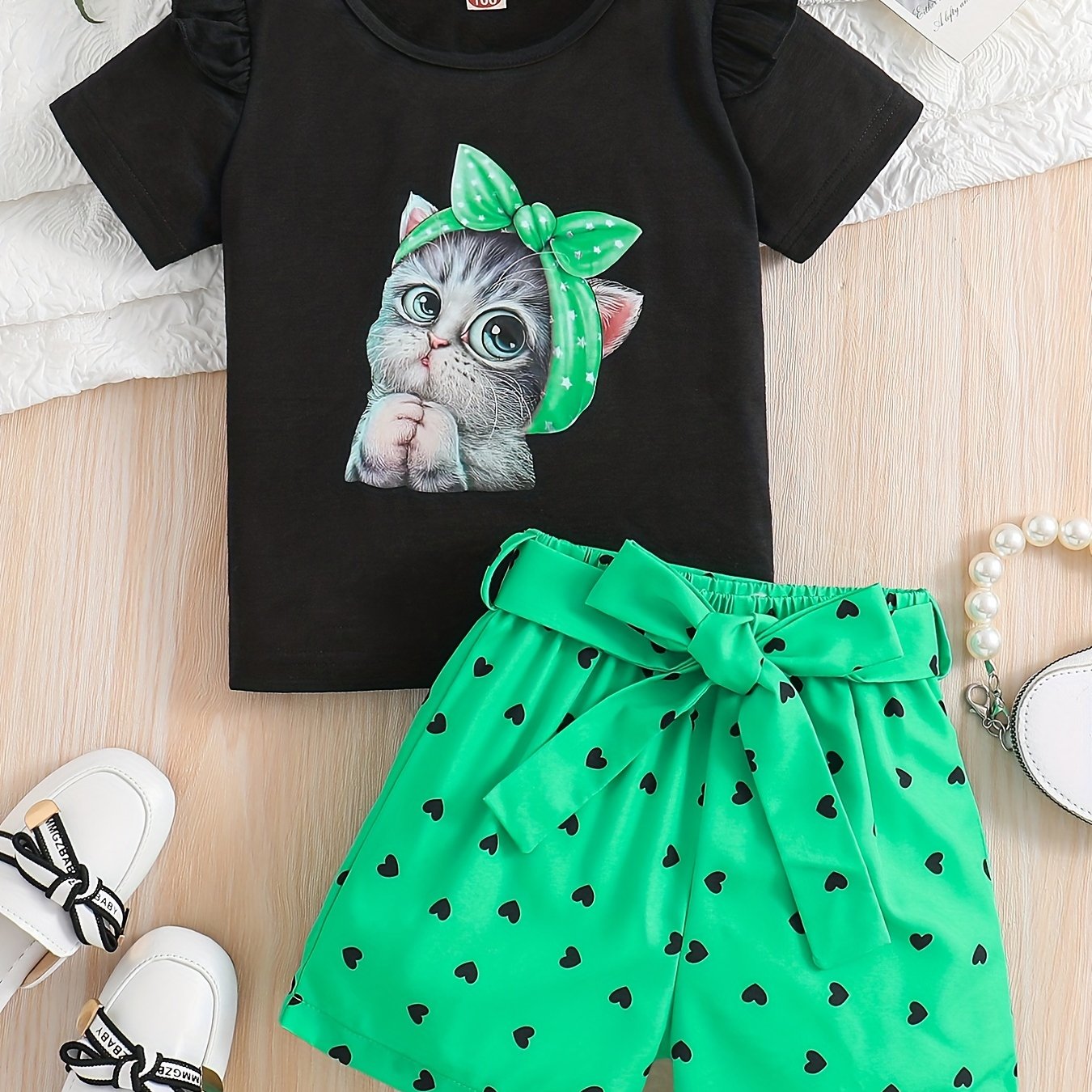 2pcs Toddler Girls Cute Cartoon Bow Cat Graphic Ruffle Trim T-Shirts Casual Round Neck Tees Top & Heart Graphic Belted Shorts Set Kids Summer Clothes