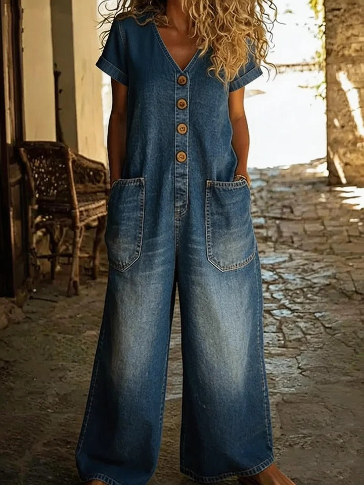 Womens Retro Summer Cotton-Linen Button-Pocket Comfortable Short-Sleeve Casual