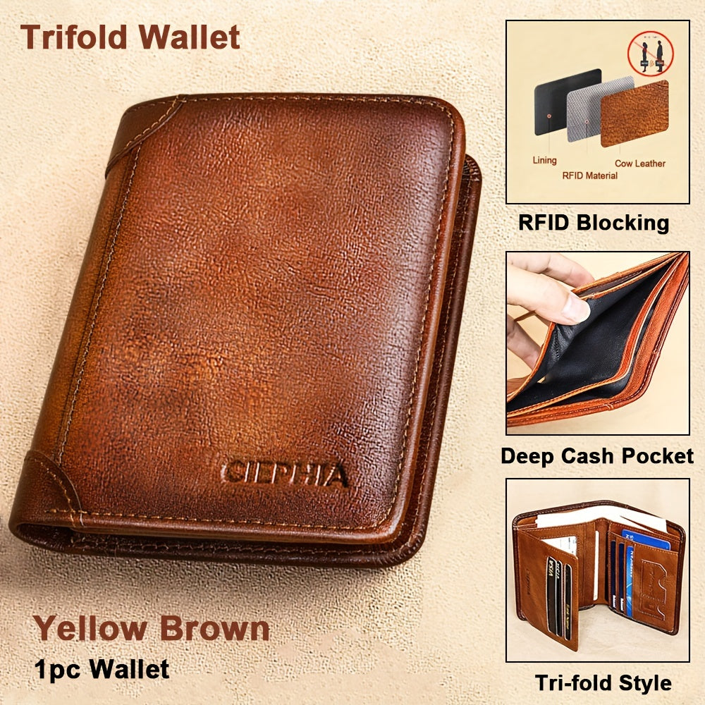 1pc CIEPHIA Card Holder or RFID Blocking Wallet for Men - Slim Minimalist Vintage Leather Wallet with Anti-Theft, Genuine Cowhide, Compact Bi/Fold Design, ID Window - Gifts for Dad, Husband, Boyfriend - RFID Protection, Durab