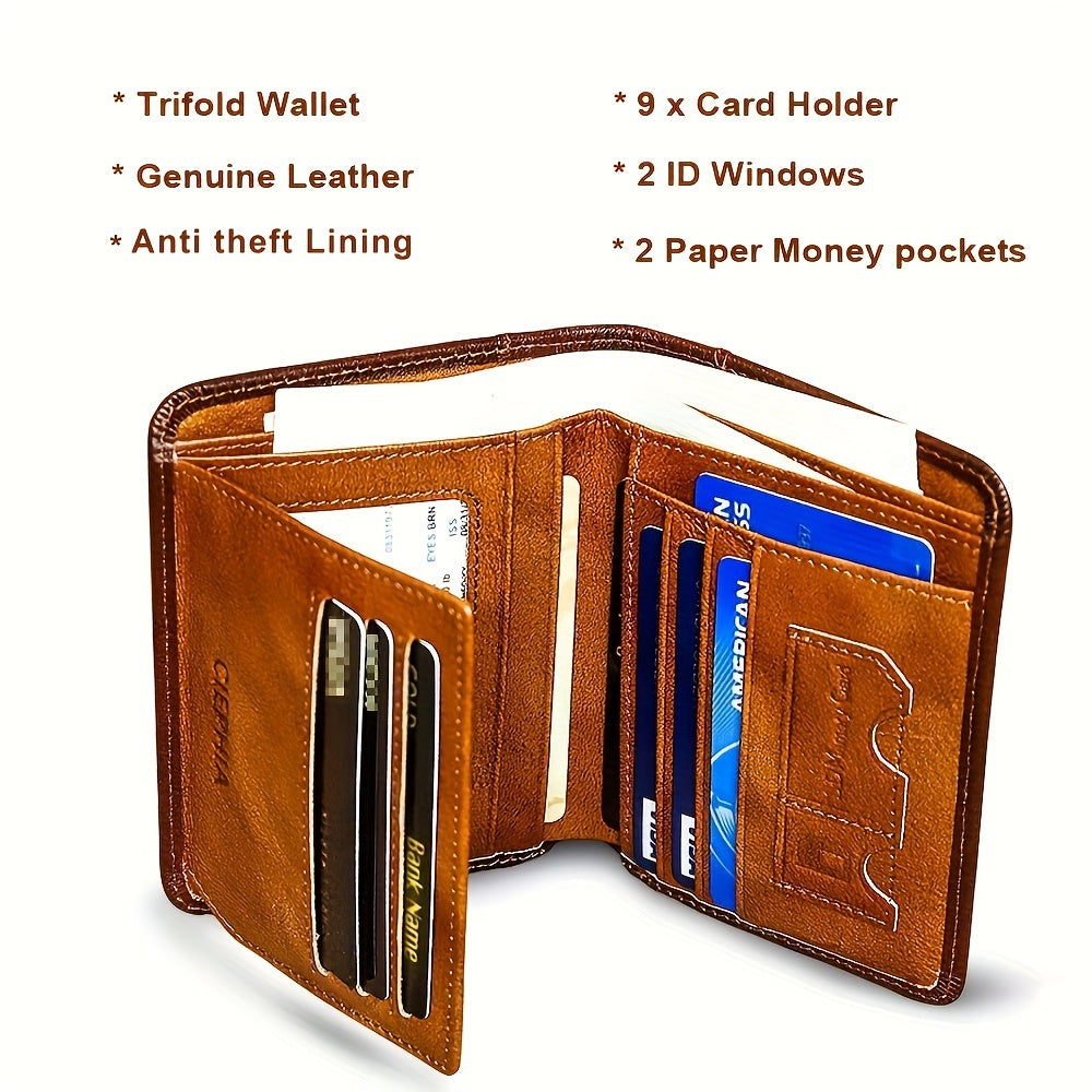 1pc CIEPHIA Card Holder or RFID Blocking Wallet for Men - Slim Minimalist Vintage Leather Wallet with Anti-Theft, Genuine Cowhide, Compact Bi/Fold Design, ID Window - Gifts for Dad, Husband, Boyfriend - RFID Protection, Durab