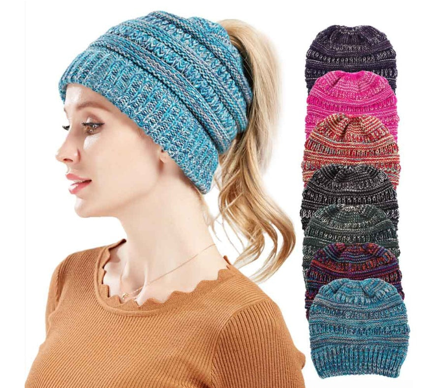 Mixed Color Knitted Wool Hat Ladies Non-labeled Ponytail Hat 