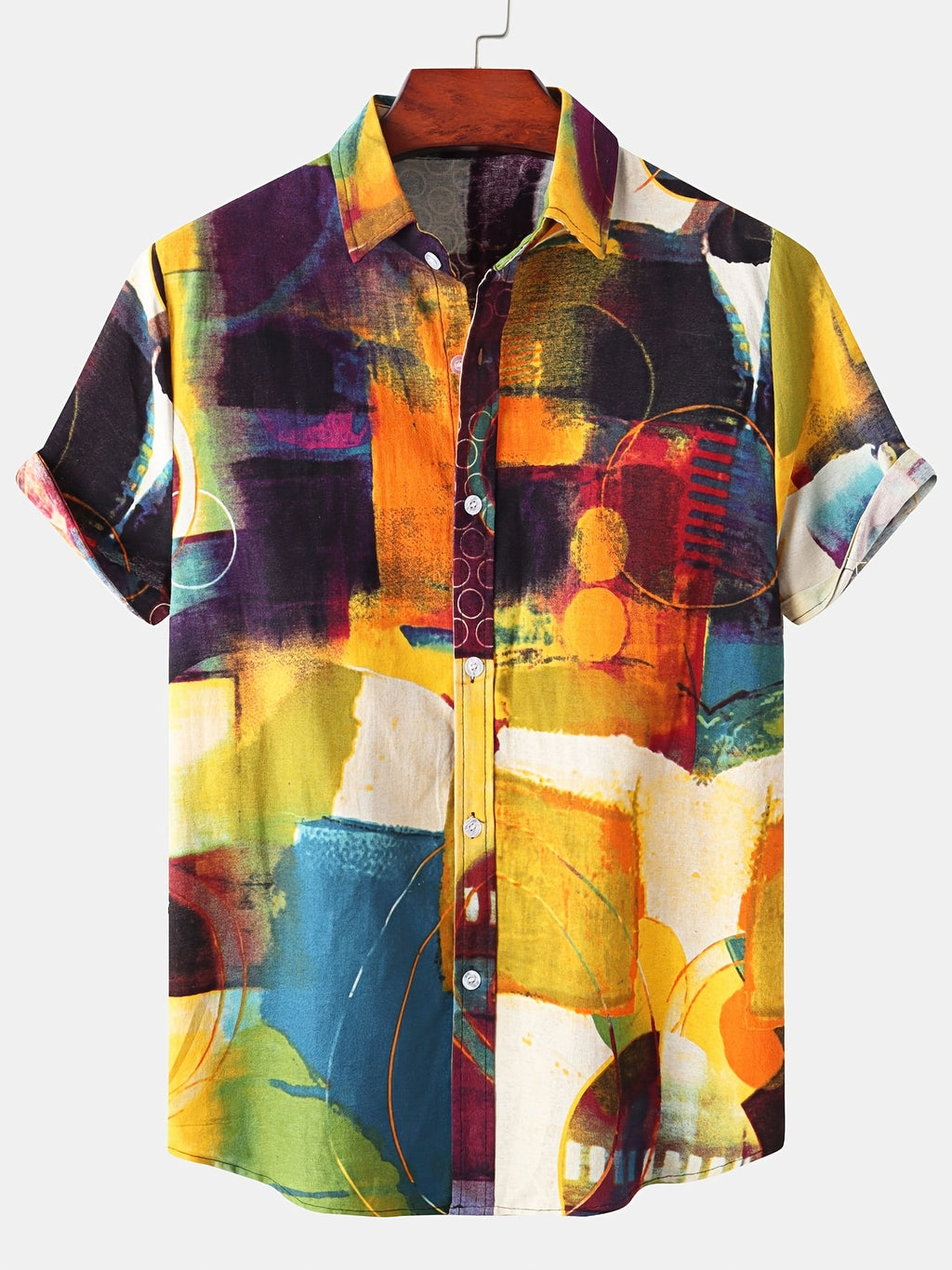 Men's Casual Flax Tie Dye Style Short Sleeve Shirt, Male Hawaiian Shirt For Summer Beach Vacation 
