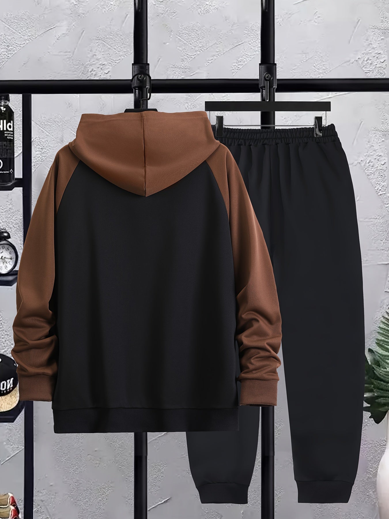 Autumn and Winter Shoulder Insert Men's Hoodie Casual Suit with Patchwork Color Craft, Regular Long Sleeve Hoodie and Drawstring Sports Trousers Two-piece Set