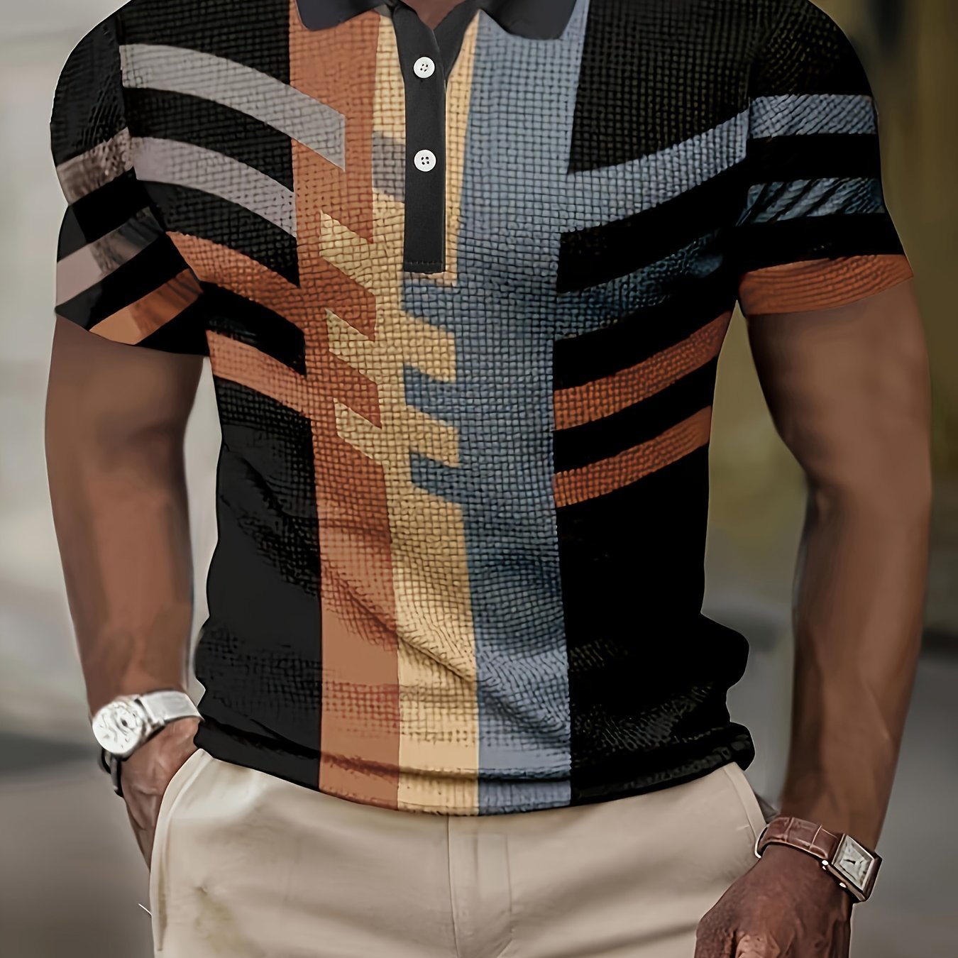 1/4 Button Short Sleeve Lapel Shirt - Stretchy, Breathable, Striped Polyester Fabric for Mens Fitness Training and Casual Wear - Spring/Fall Season, Regular Fit, Knit Fabric