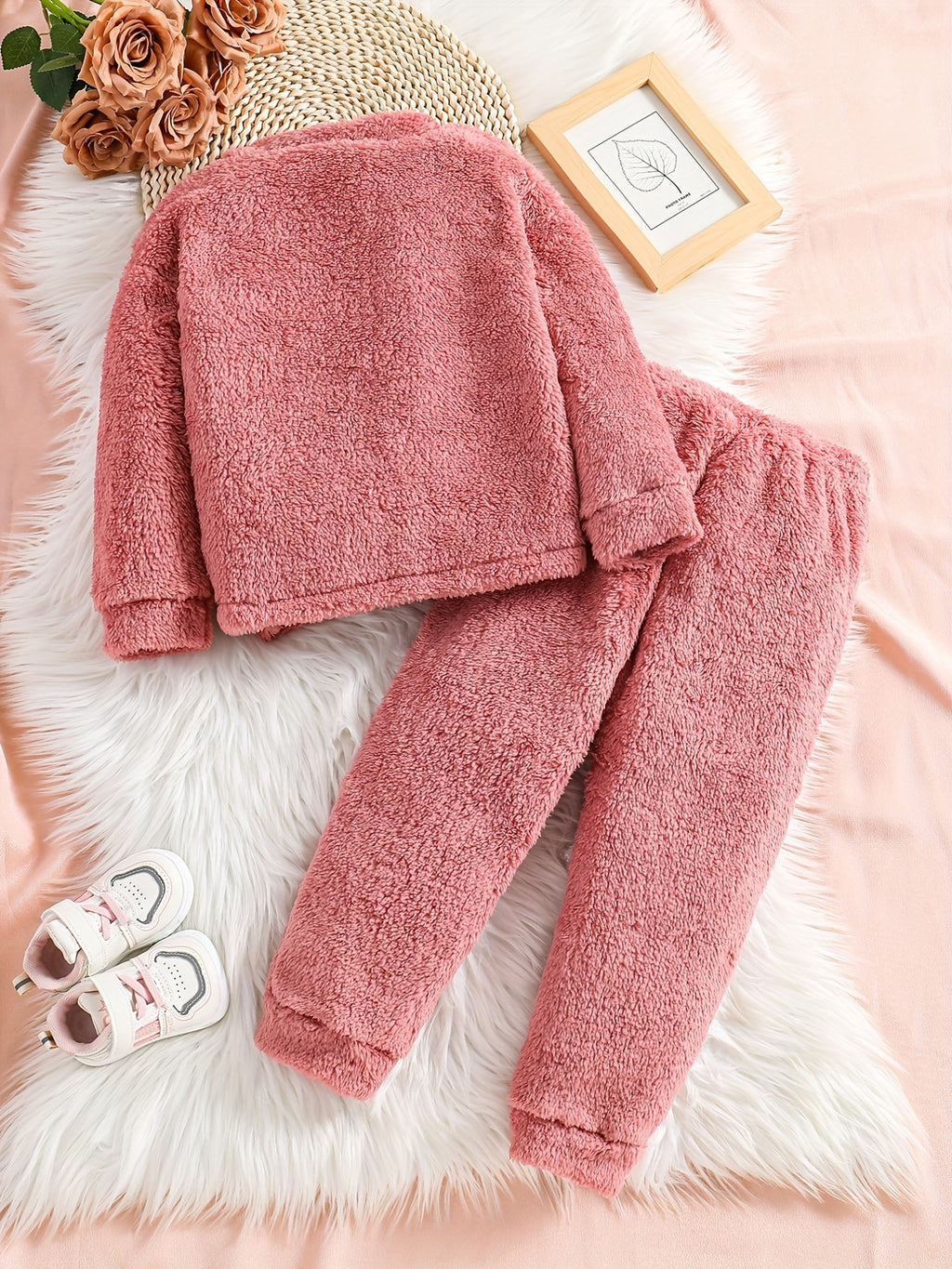 2pc Double-sided Fleece Sets, Solid Top & Jogger Pants Kids Clothes For Toddler Girls Fall Winter Outdoor