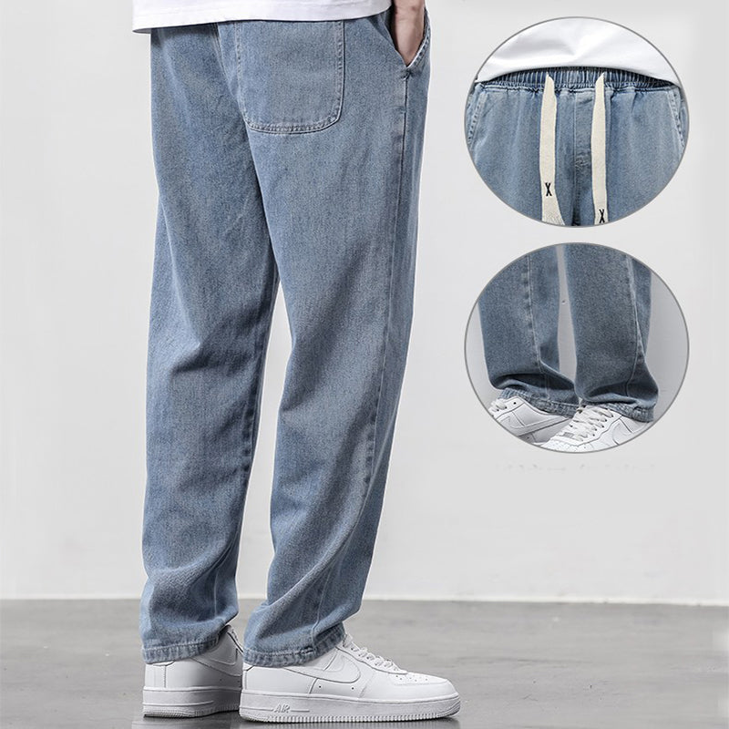 Summer Loose Wide Leg Jeans Pants Men Fashion Drawstring Elasticated Straight Trousers 