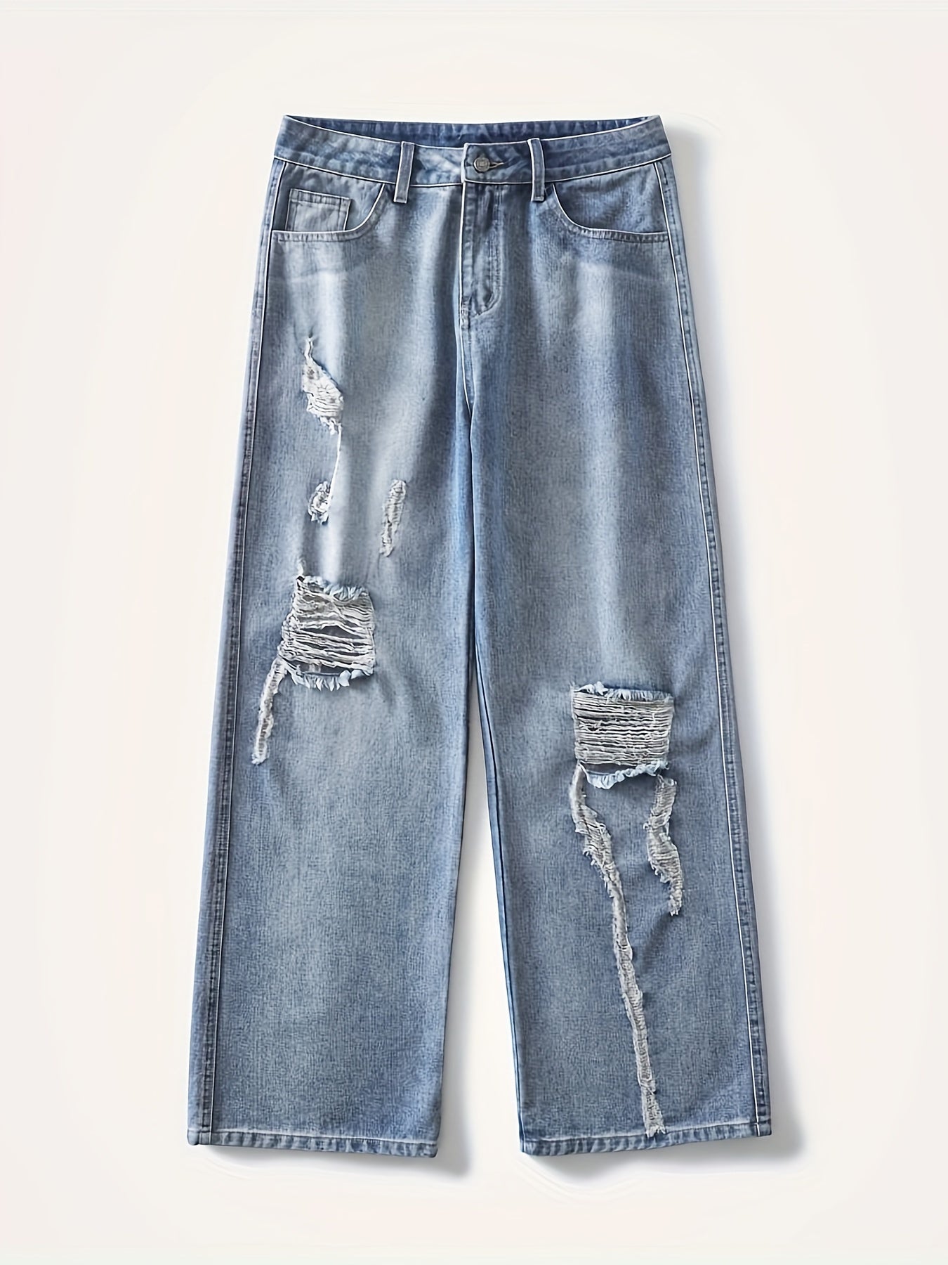 Mens Loose Fit Distressed Wide Leg Denim Jeans - Vintage Ripped Street Style Pants with Zipper, Non-Stretch Fabric, and Hand Wash Only - Perfect for Hip-Hop Fashion and All-Season Wear