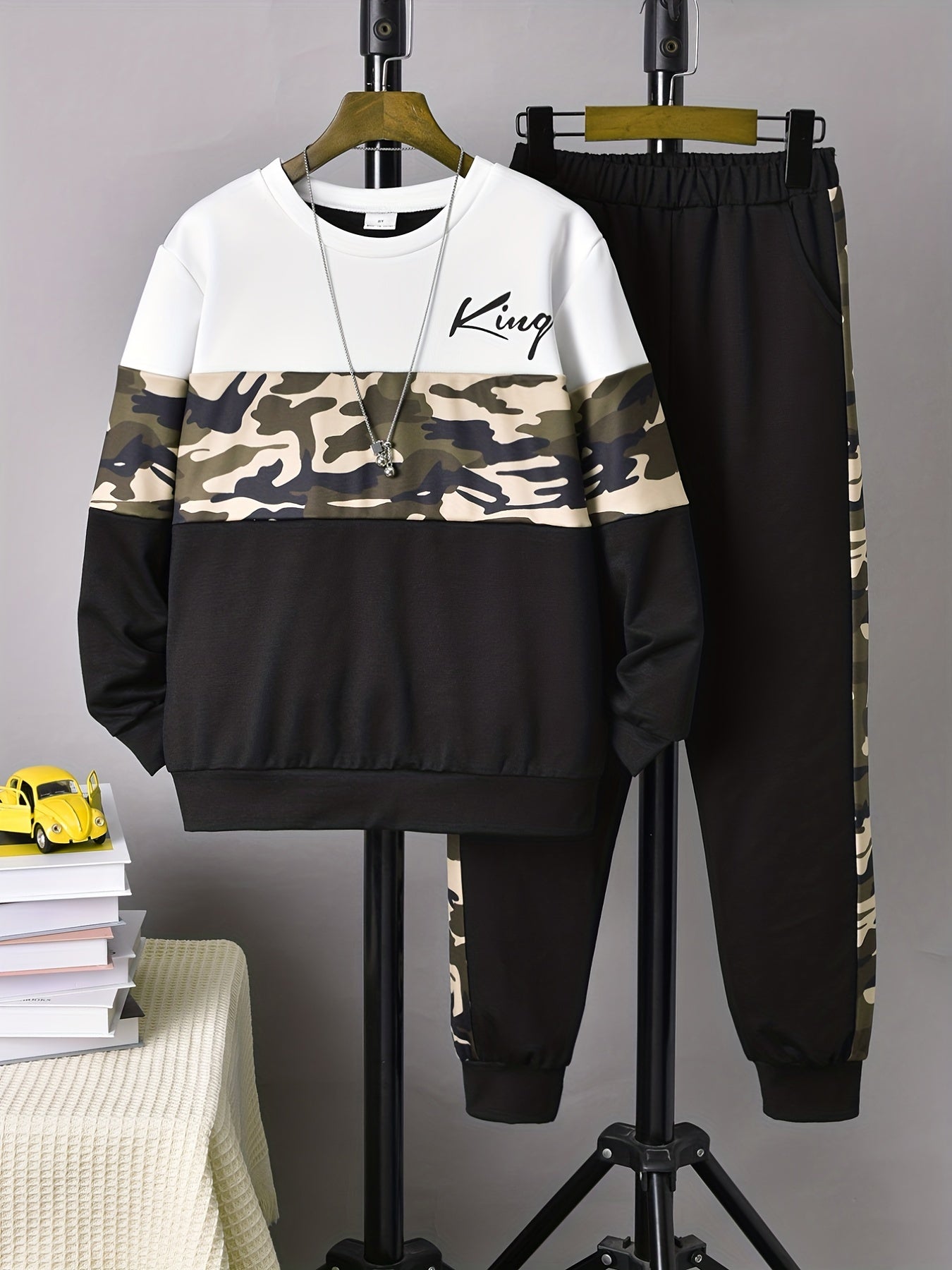 Boy's KING Print Outfit 2pcs, Sweatshirt & Sweatpants Set, Camouflage Pattern Kid's Clothes For Spring Fall Daily & Outdoor Wear