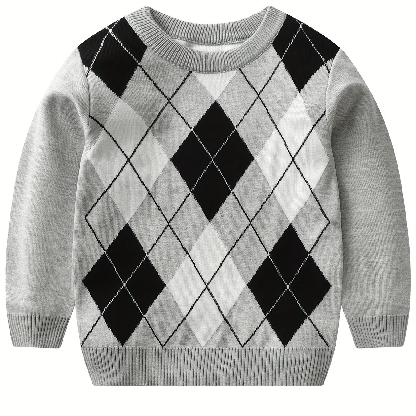 Boys Argyle Pattern Sweater Round Neck Long Sleeve Stretch Warm Knit Pullover Top Kids Clothes Outdoor
