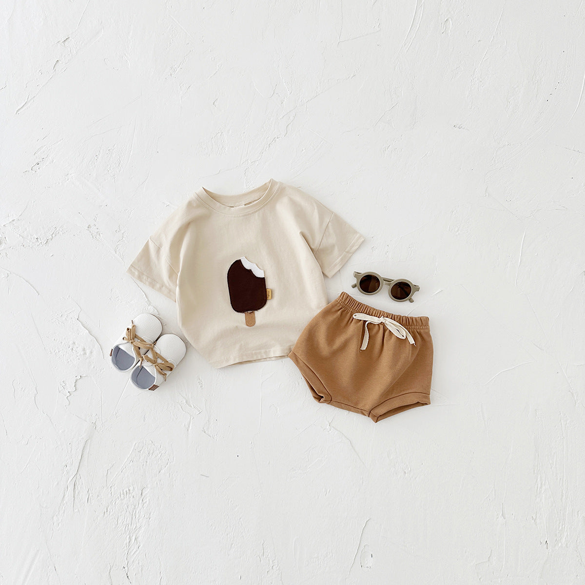 Girls' Casual Round Neck Cotton Ice Cream Patch Short Sleeve Shorts Suit 