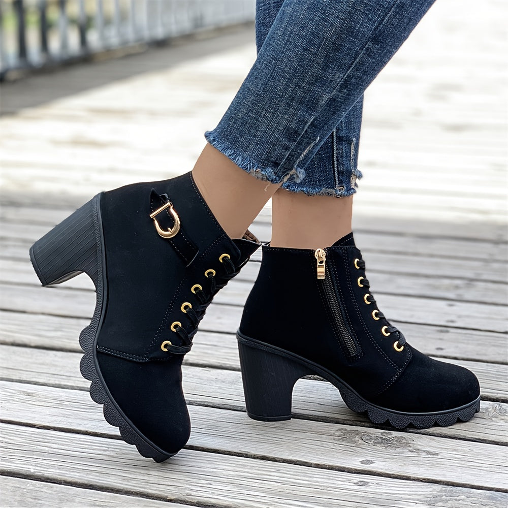 Chunky Heel Side Zipper Ankle Boots, Women Shoes