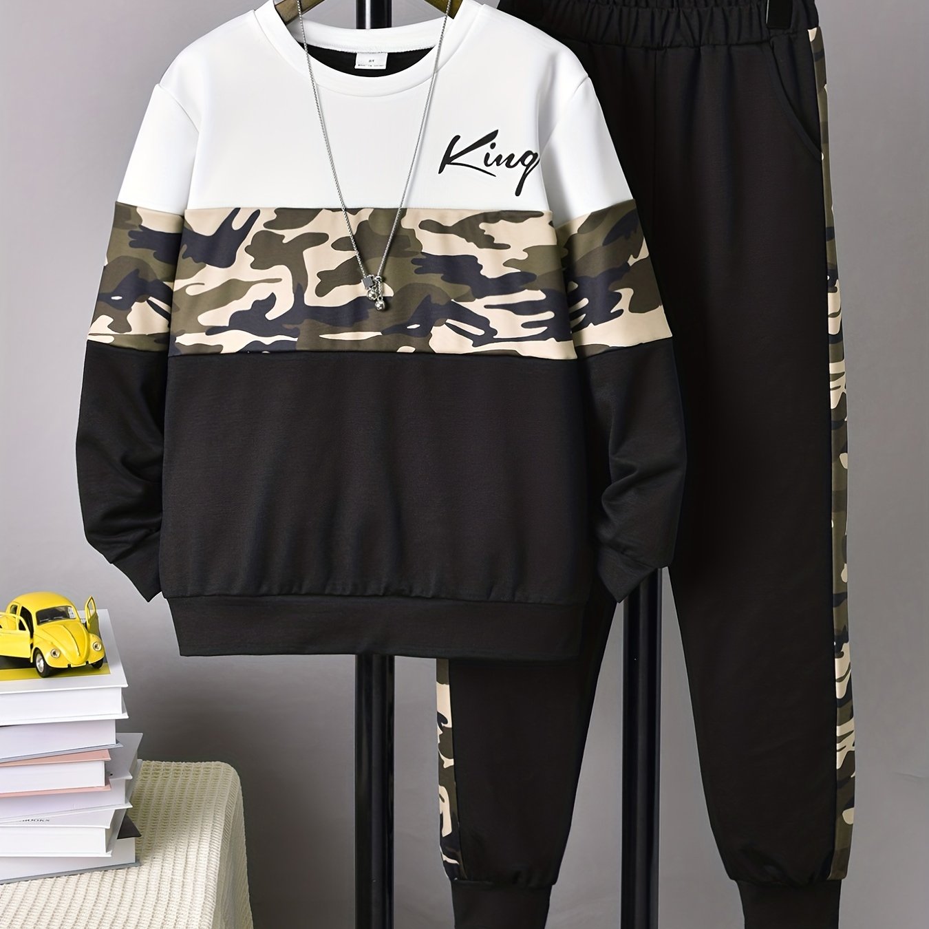 Boy's KING Print Outfit 2pcs, Sweatshirt & Sweatpants Set, Camouflage Pattern Kid's Clothes For Spring Fall Daily & Outdoor Wear
