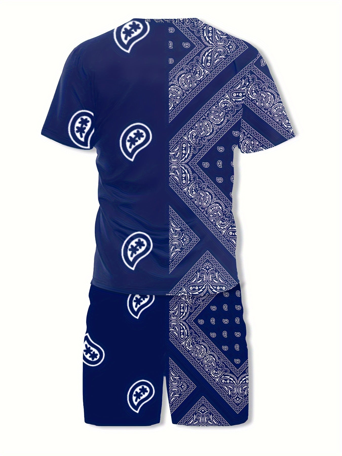2-Piece Mens Summer Vacation Outfit Set - Retro Paisley Patterned Crew Neck T-Shirt & Shorts with Pockets, Polyester Fabric, Slight Stretch, Machine Washable, Perfect for Beach Party, Sports, Weekend Casual, Anniversary, Fath