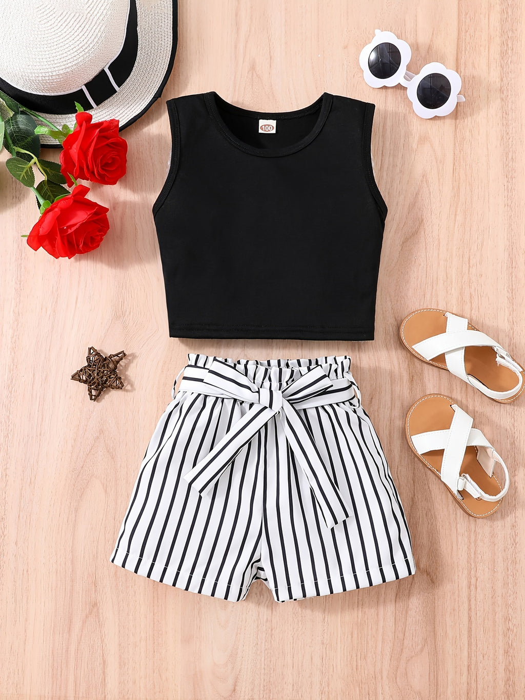 2pcs Girls Crew Neck Sleeveless Crop Tank Top & Elastic Waist Belted Vertical Stripes Shorts Set Kids Summer Clothes