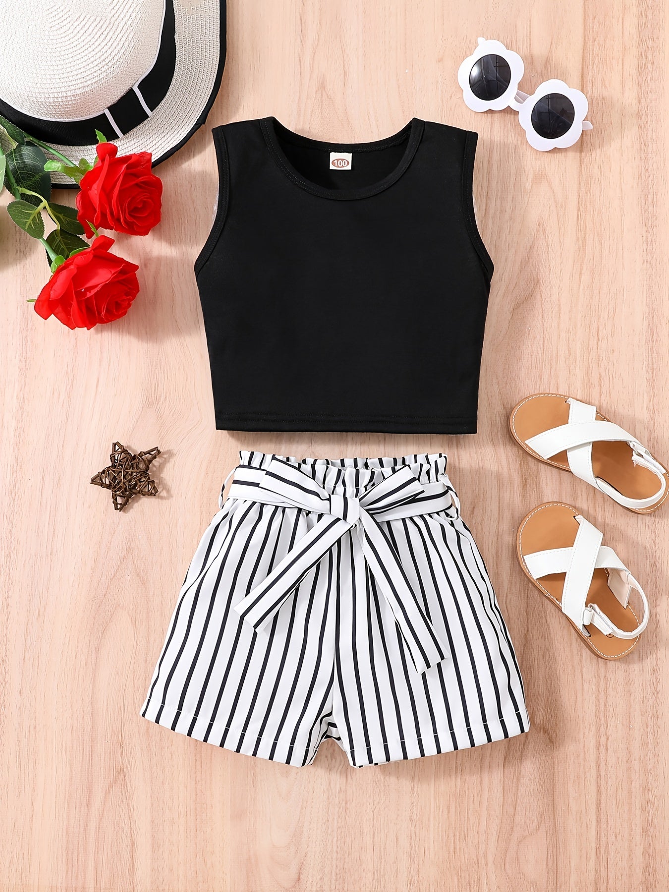 2pcs Girls Crew Neck Sleeveless Crop Tank Top & Elastic Waist Belted Vertical Stripes Shorts Set Kids Summer Clothes