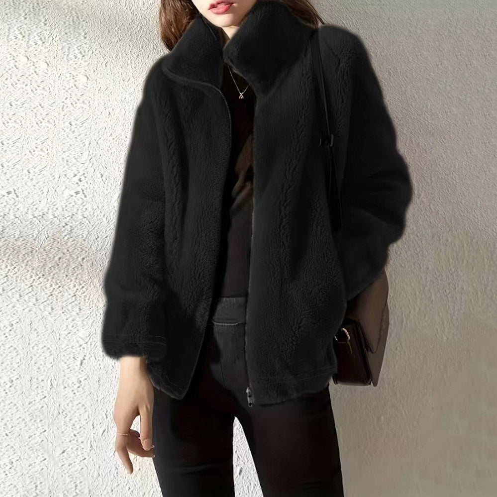 Double Faced Fleece Warm High Neck Sweater Women Cardigan 