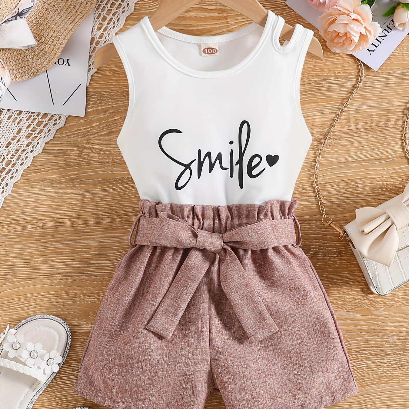 2pcs Toddler Girls Letter "Smile" And Heart Graphic Cut Out Tank Top & Paperbag Waist Belted Shorts Set Kids Summer Clothes