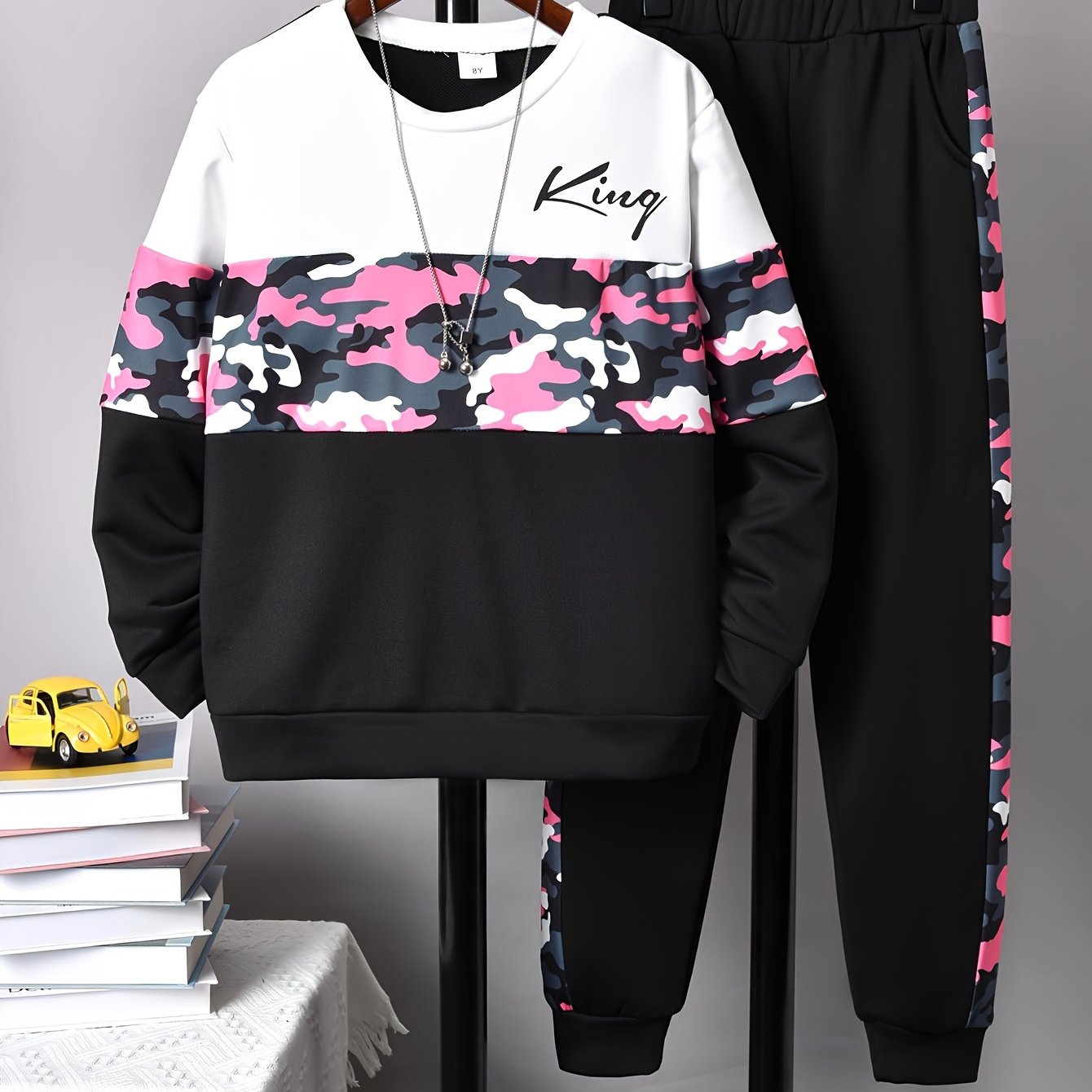 Boy's KING Print Outfit 2pcs, Sweatshirt & Sweatpants Set, Camouflage Pattern Kid's Clothes For Spring Fall Daily & Outdoor Wear