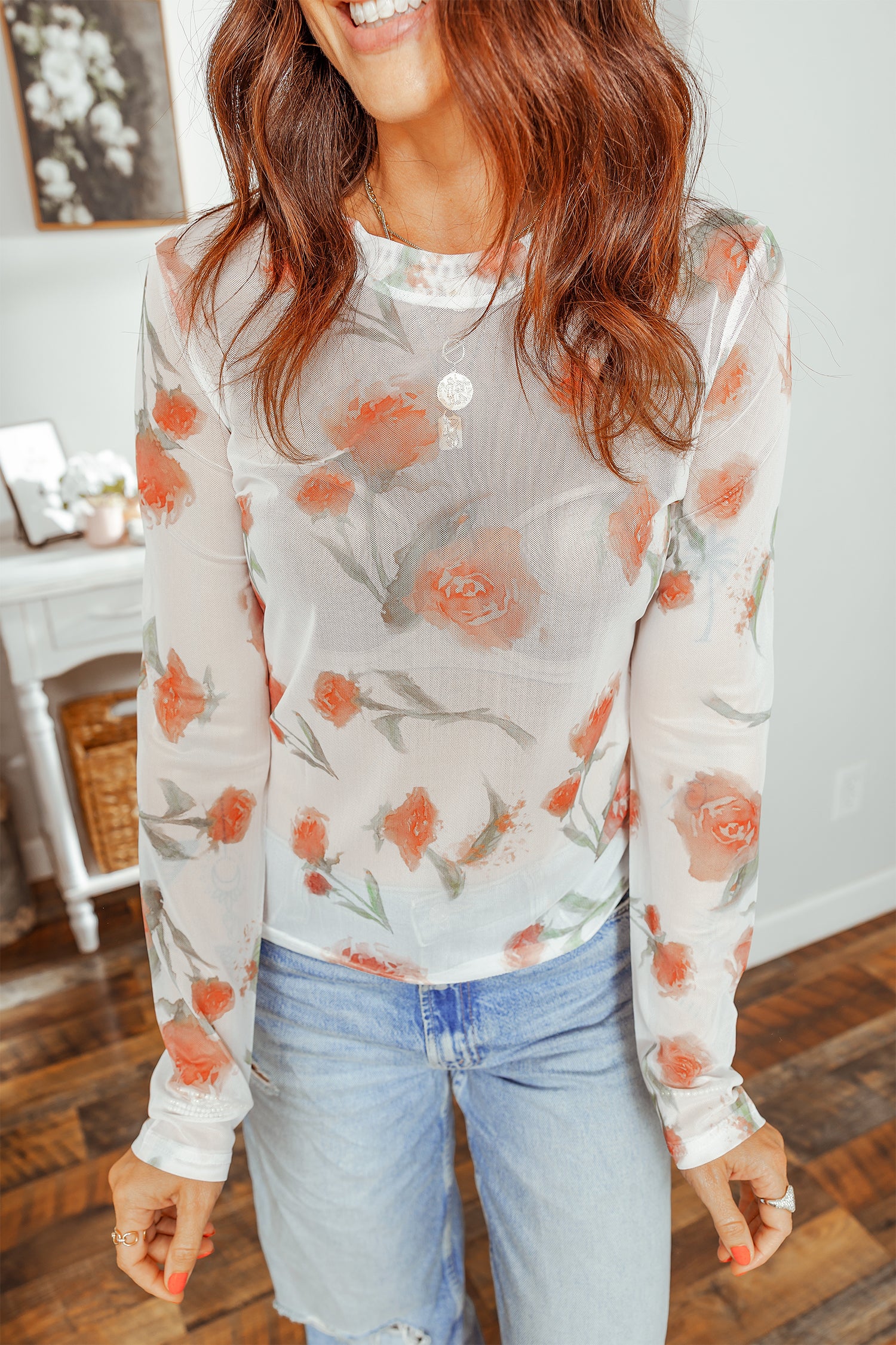 Casual Round Neck Floral Print Mesh Long Sleeve Top 