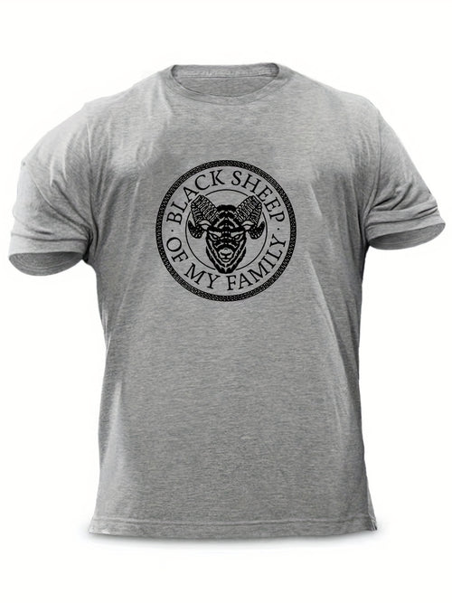 "Black Sheep Of My Family", Men's Sheep Graphic T-shirt, Casual Comfy Slightly Stretch Crew Neck Tee, Men's Clothing For Summer Outdoor