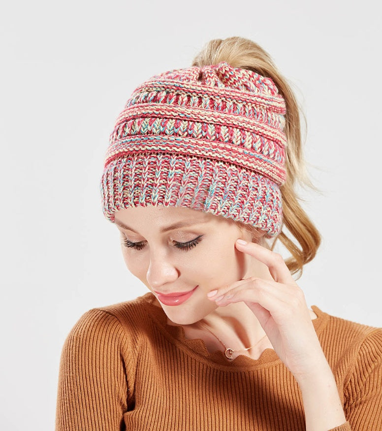 Mixed Color Knitted Wool Hat Ladies Non-labeled Ponytail Hat 