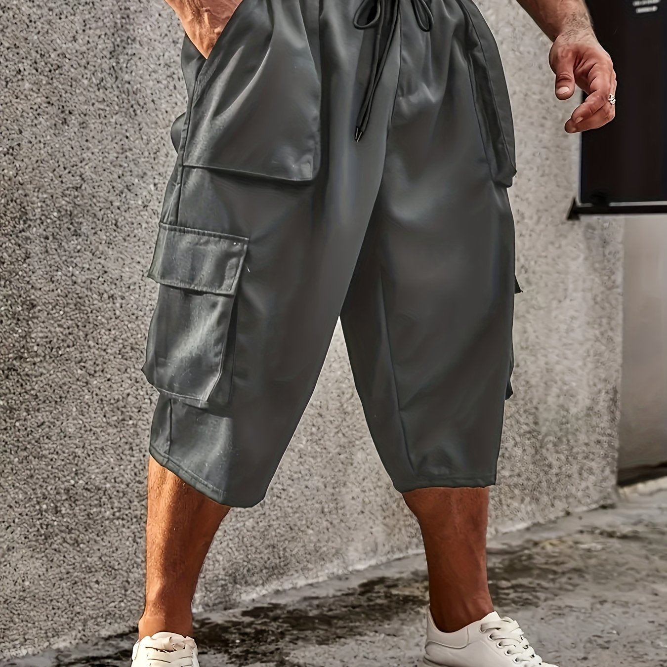 Plus Size Mens Large Casual Cargo Pants - Drawstring Waist, Loose Fit, Comfy Breathable Polyester Fabric, Multiple Pockets, Machine Washable, Solid Color, Perfect for Basketball and Everyday Wear