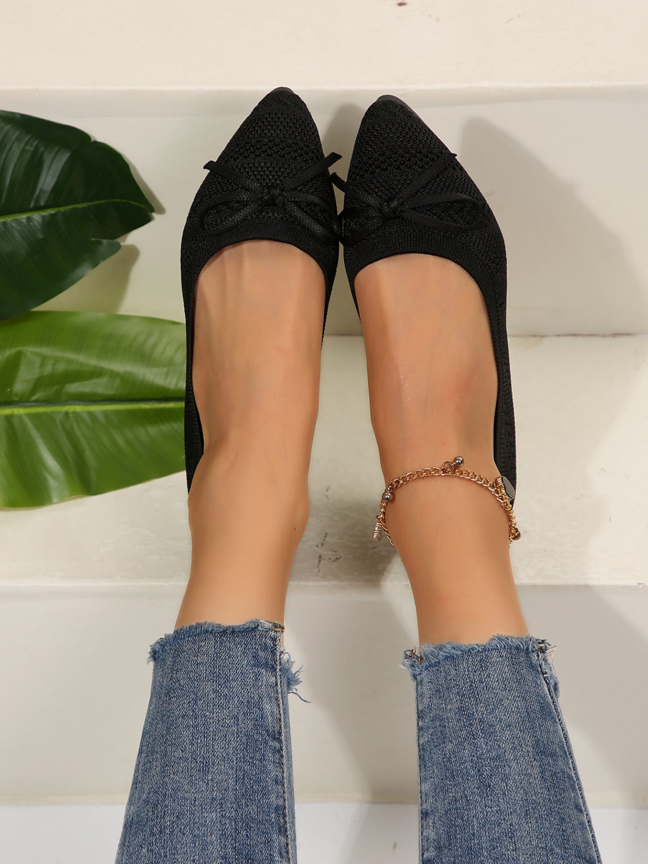 Bow Knitted Loafers Ins Fashion Pointed-toed Flats Shoes For Women 
