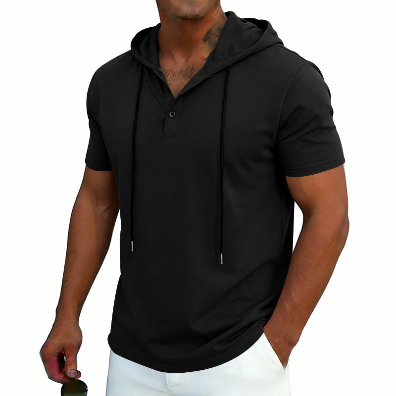 Men's Henley-Neck Drawstring Short-Sleeve Hoodie T-Shirt 