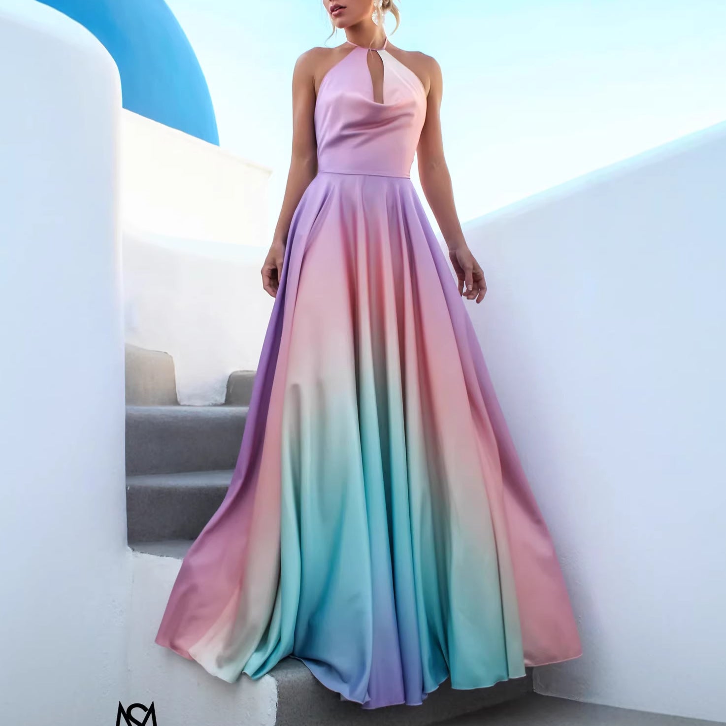Womens Flared Defined-Waist Gradient-Dye Dress 