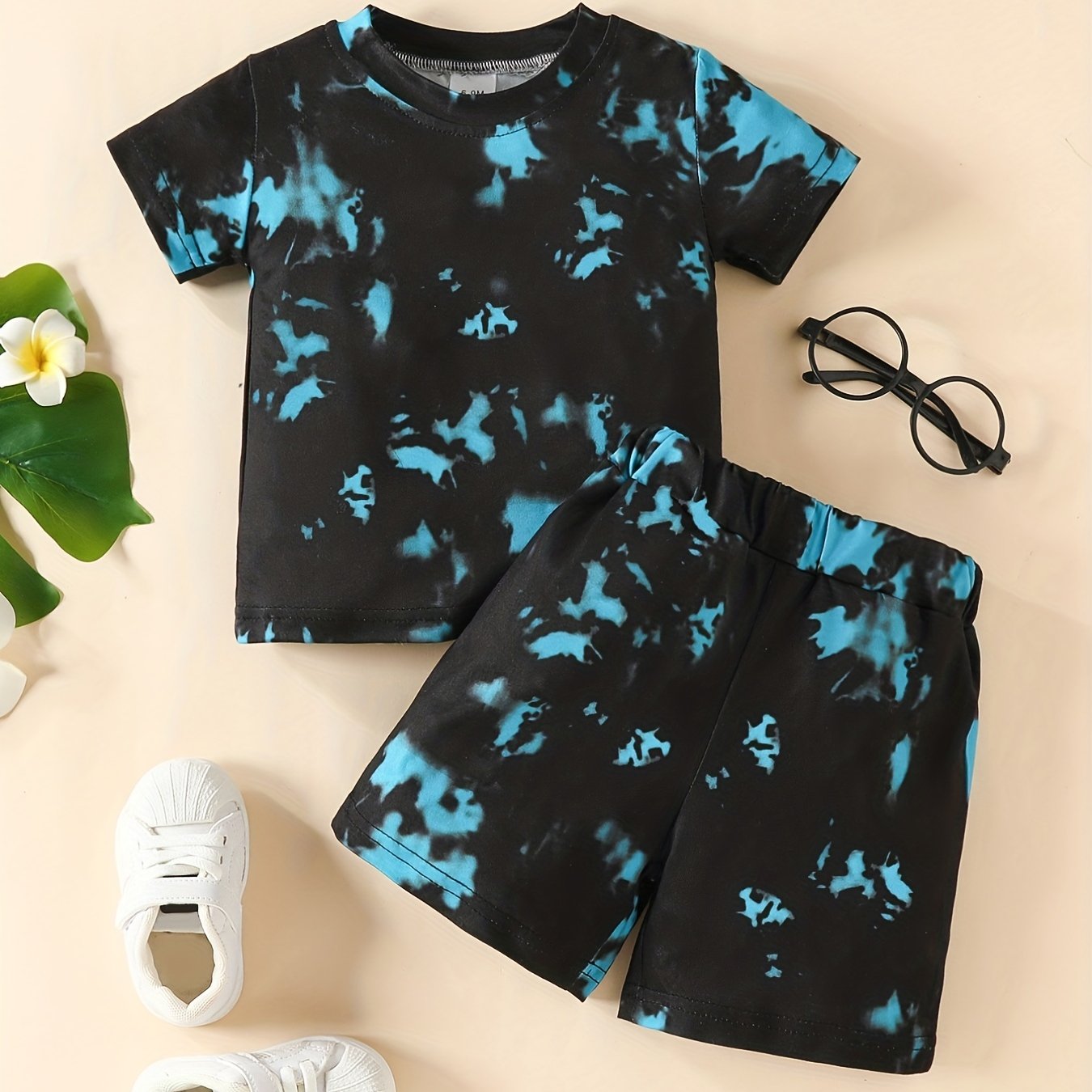 2pcs Boys And Girls Chic Tie Dye Round Neck T-shirt & Shorts Outdoor Set, Babies Toddlers Stretchy Comfy Trendy outdoor clothes