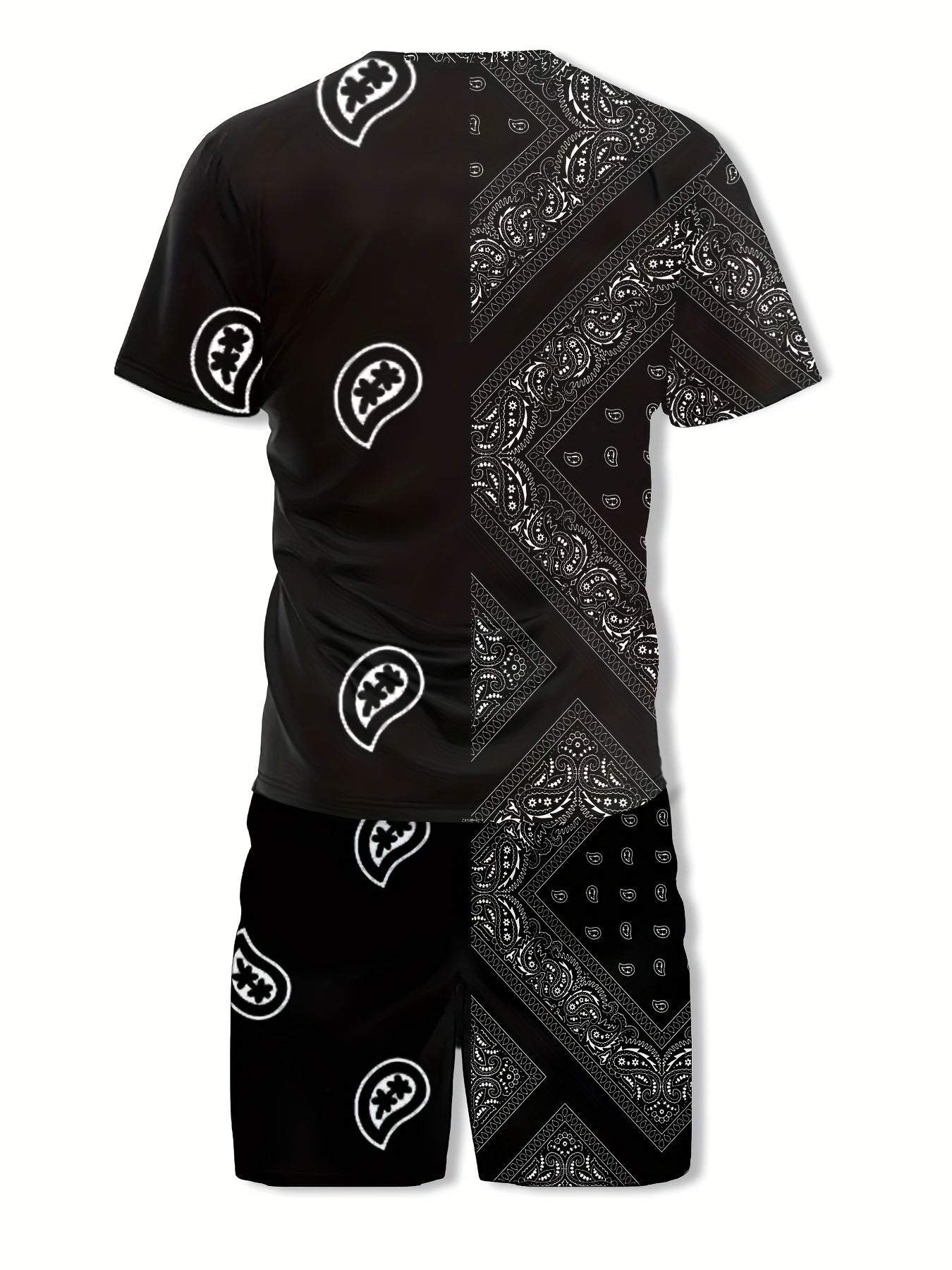 2-Piece Mens Summer Vacation Outfit Set - Retro Paisley Patterned Crew Neck T-Shirt & Shorts with Pockets, Polyester Fabric, Slight Stretch, Machine Washable, Perfect for Beach Party, Sports, Weekend Casual, Anniversary, Fath