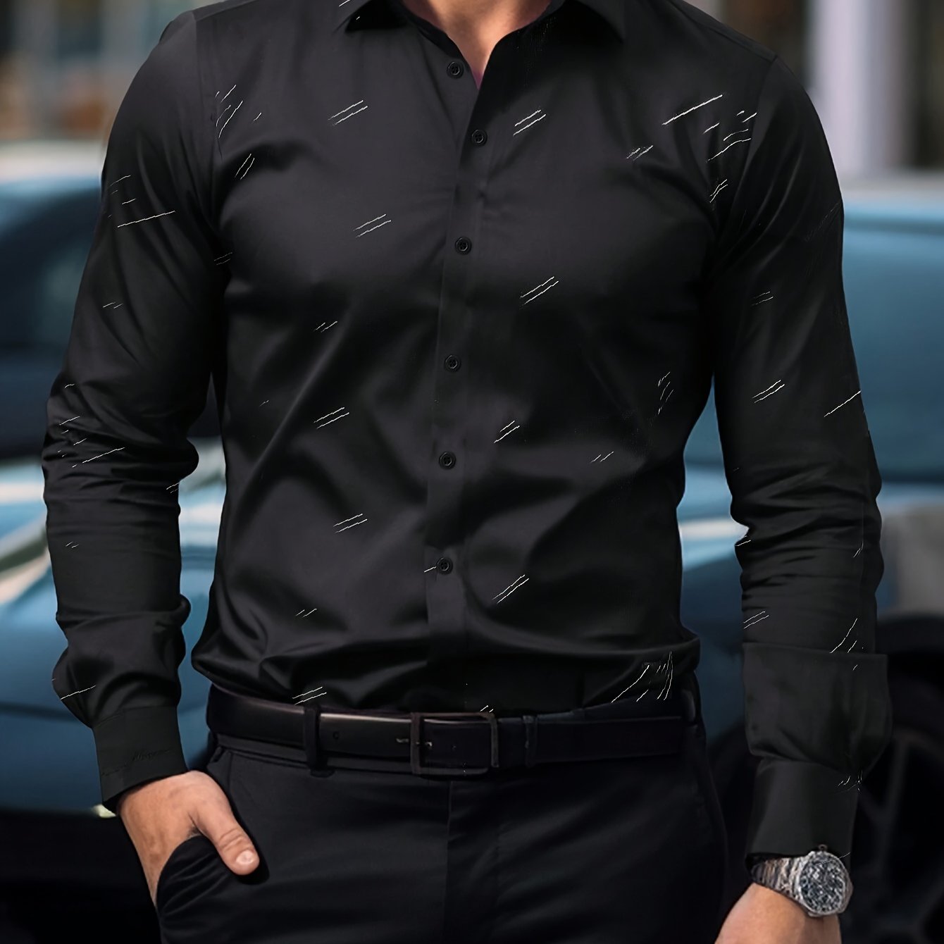 Mens Striped Regular Fit Long Sleeve Dress Shirt - Elegant Lapel Collar, Button-Front Closure, Non-Stretch Polyester Fabric - Perfect for Office and Casual Wear All Seasons