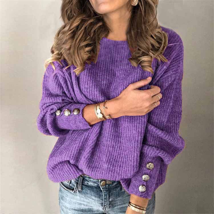 Long Sleeve Round Neck Button Knit T-shirt 