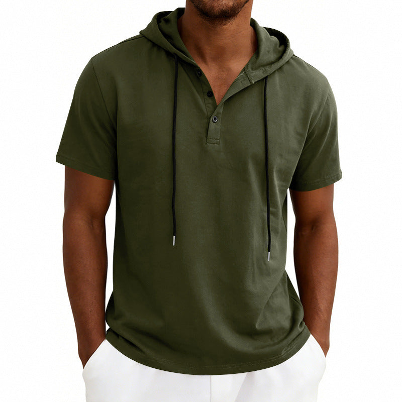Men's Henley-Neck Drawstring Short-Sleeve Hoodie T-Shirt 