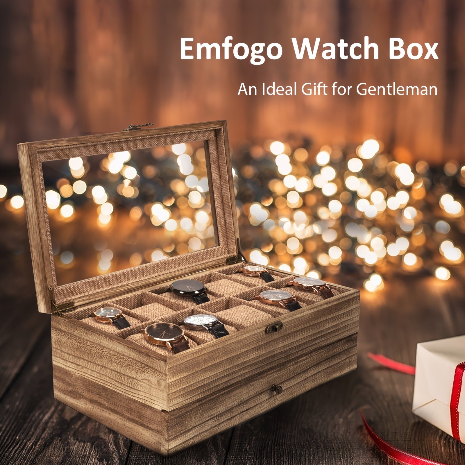 10-Slot Rustic Brown Wooden Watch Box - Large Capacity Watch Case for Men and Women, Display Organizer with Soft Velvet Interior, Perfect Gift for Boyfriend, Fathers Day, Birthday, and Anniversary