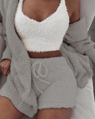 3pcs Womens Clothing Long Sleeve Crop Tank Top And Drawstring Shorts Pajama Set 