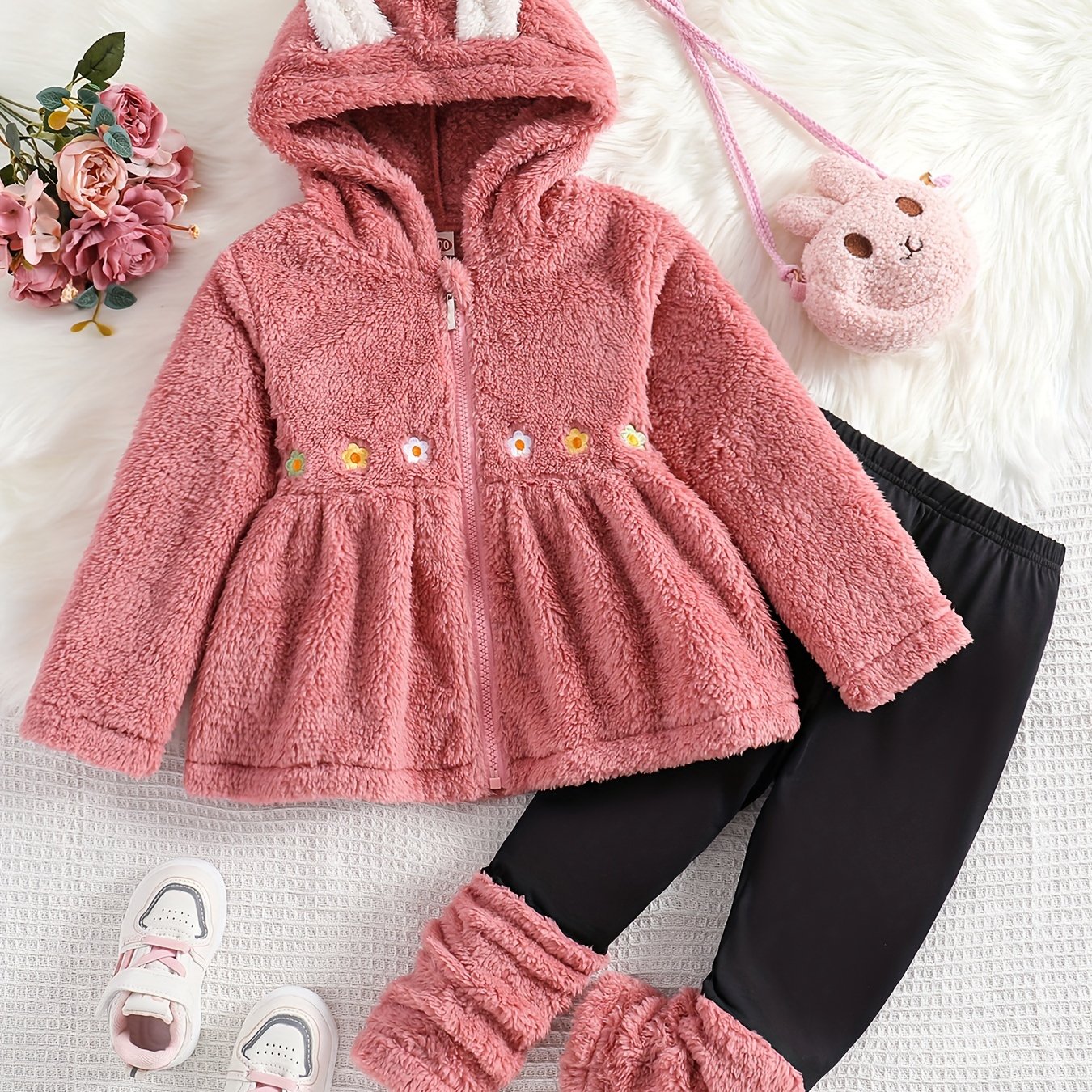 2pc Toddler Girls Double-Sided Fleece Set with Flower Embroidery Hooded Coat and Splicing Pants - Warm and Cozy Kids Clothes for Fall and Winter