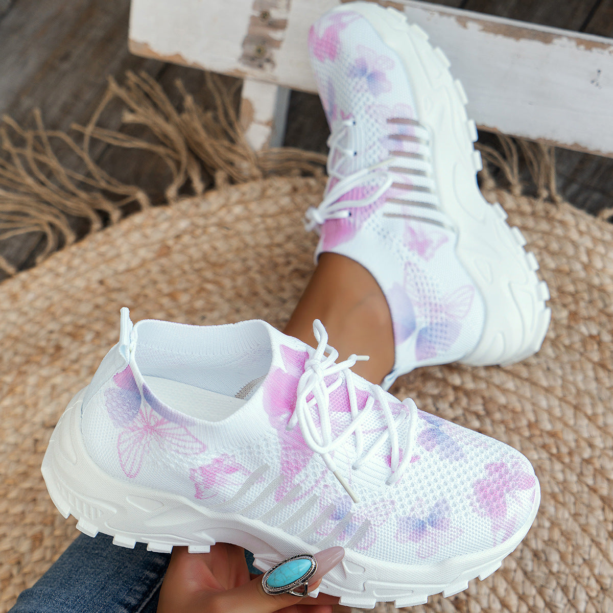 Butterfly Print Mesh Sneakers Women's Flat Heel Casual Shoes Fashion Running Jogging Walking Sports Shoes 
