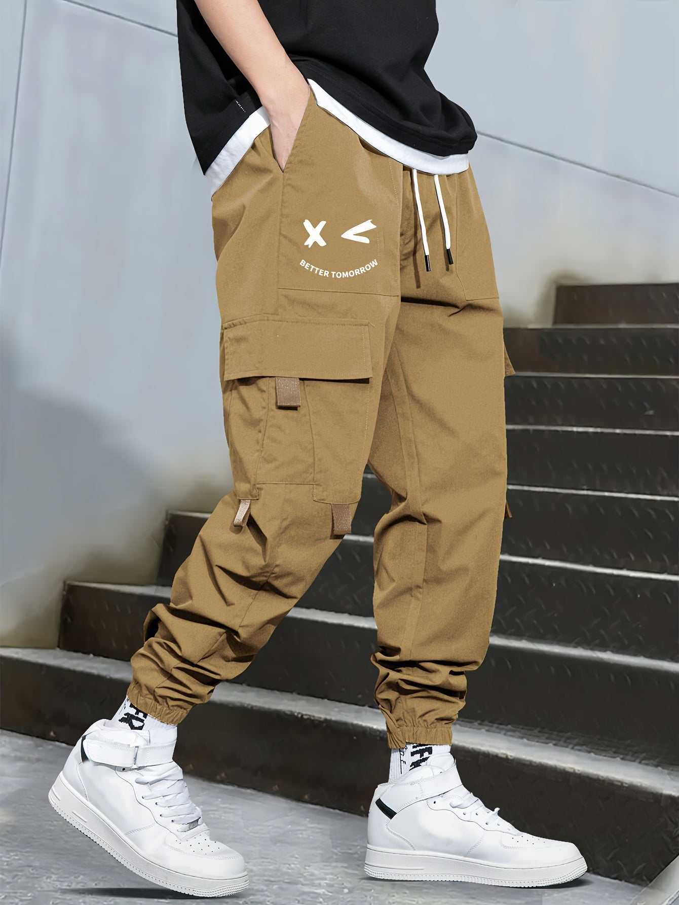 Mens Fashion-Forward Solid Cargo Pants - Abundant Flap Pockets, Loose Fit Drawstring Trousers - Durable Outdoor Work to Streetwear Hip Hop Style