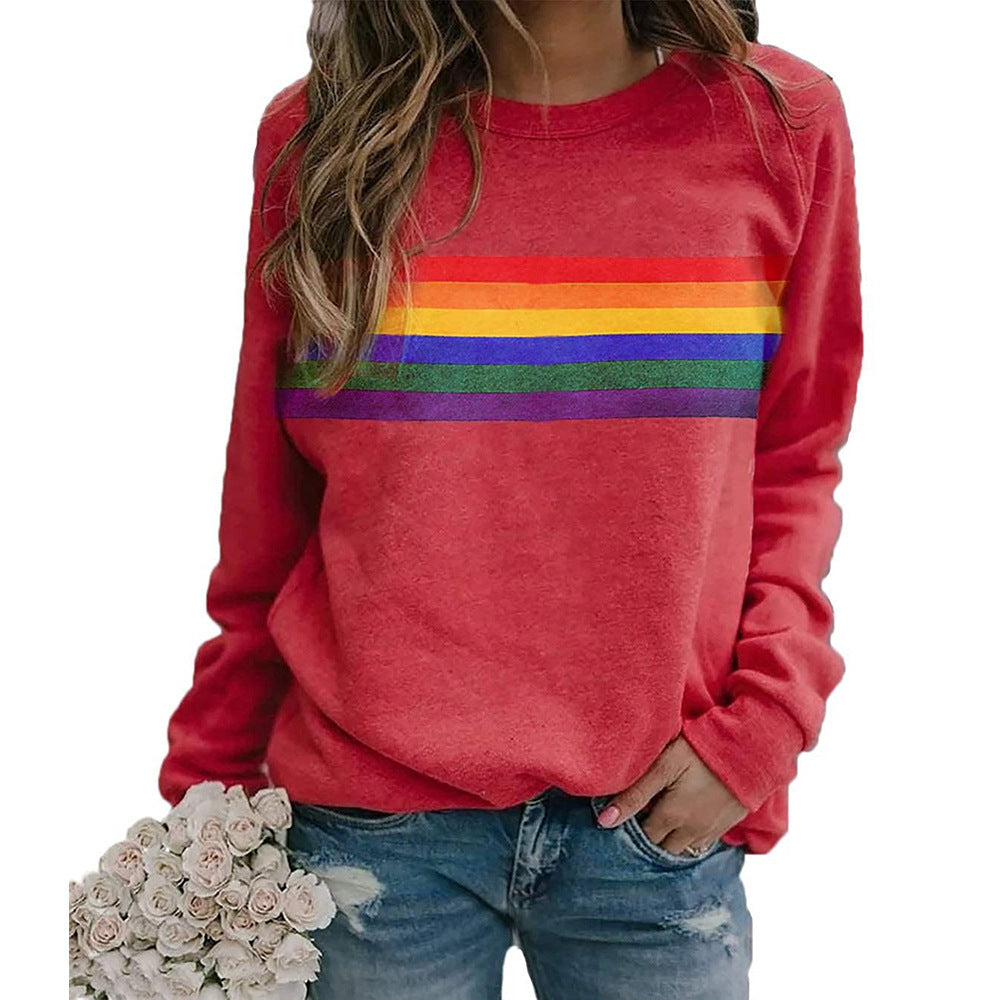 Color Striped Print Round Neck Pullover Long Sleeve Sweater 