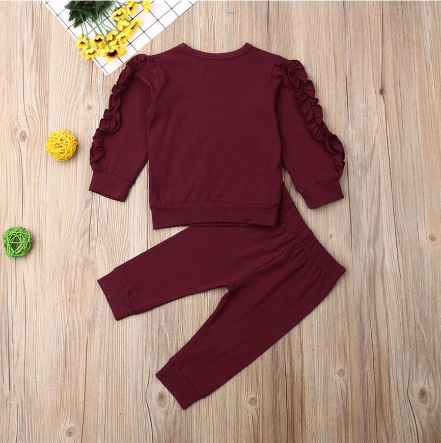 Newborn Baby Boys Girls Ruffles Jumper Solid Long Sleeve Sweatshirt Tops Pants Infant Kids 2Pcs Outfits Clothes Set Fall Clothes 