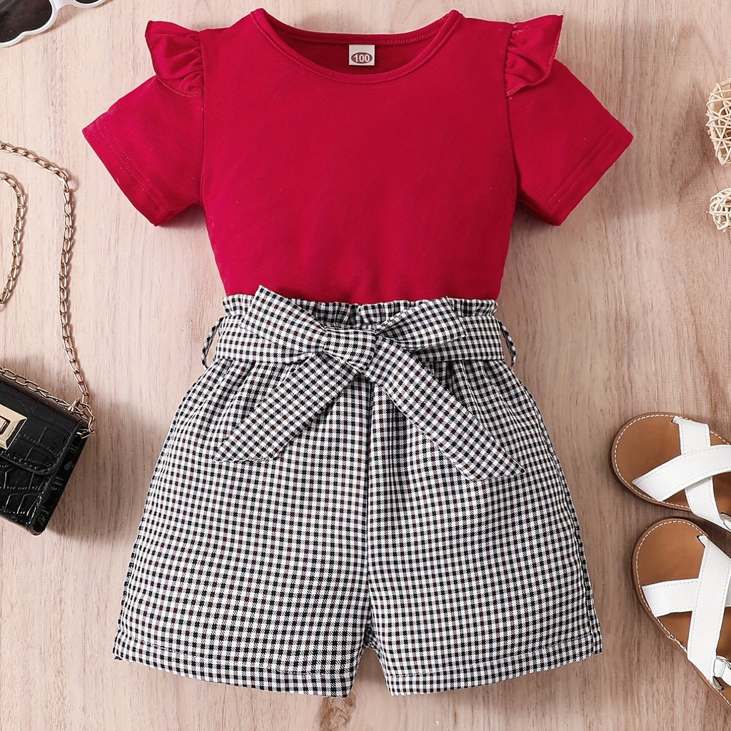 2pcs Girls Round Neck T-Shirt Ruffles Short Sleeves Tee Tops & Belted Plaid Shorts Set Summer Clothes