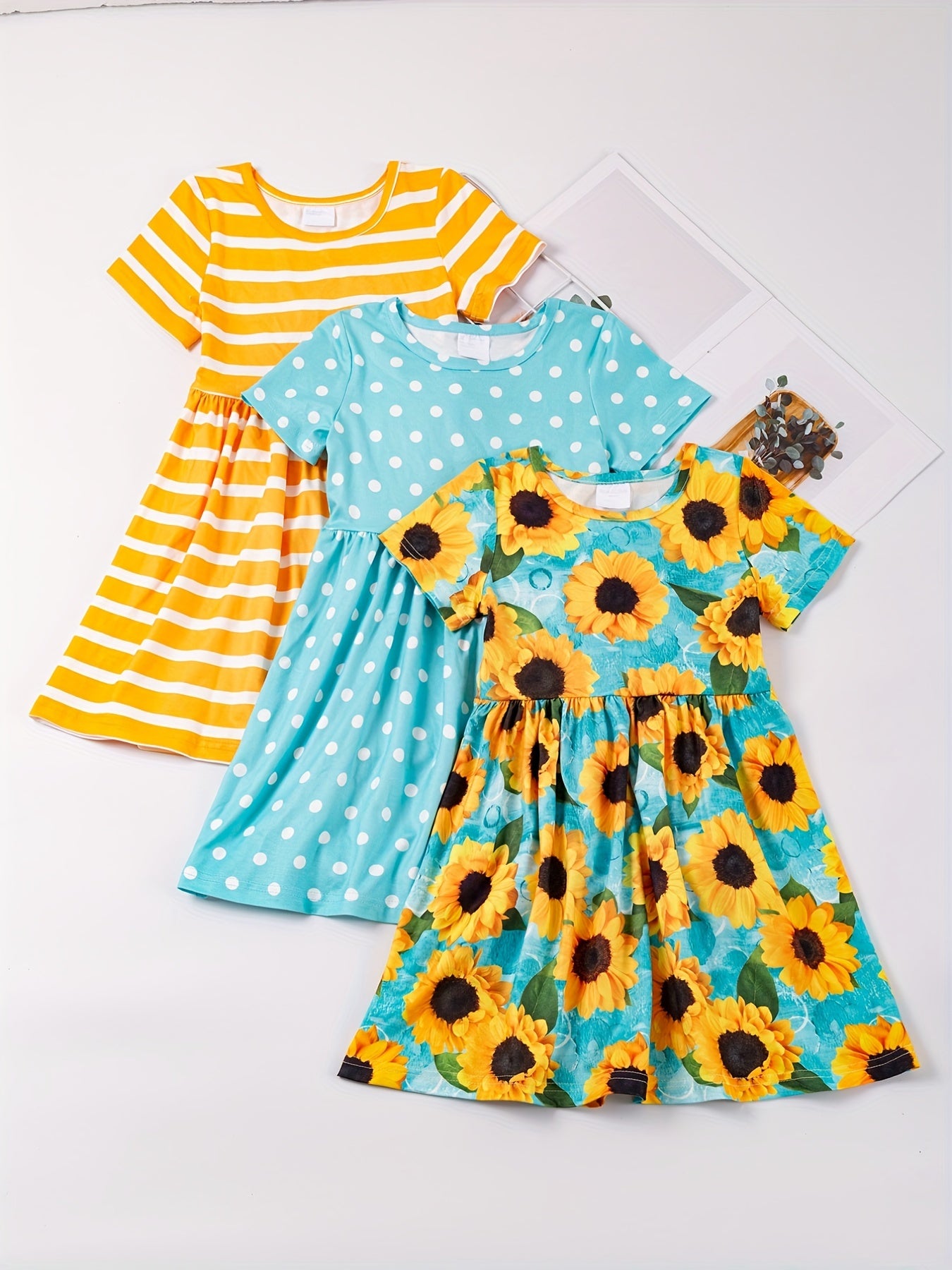 3pcs/set 3-Piece Sunflower and Polka Dot Stripe Princess Dress Set for Girls, Toddler Summer Clothes for Beach Vacation Party
