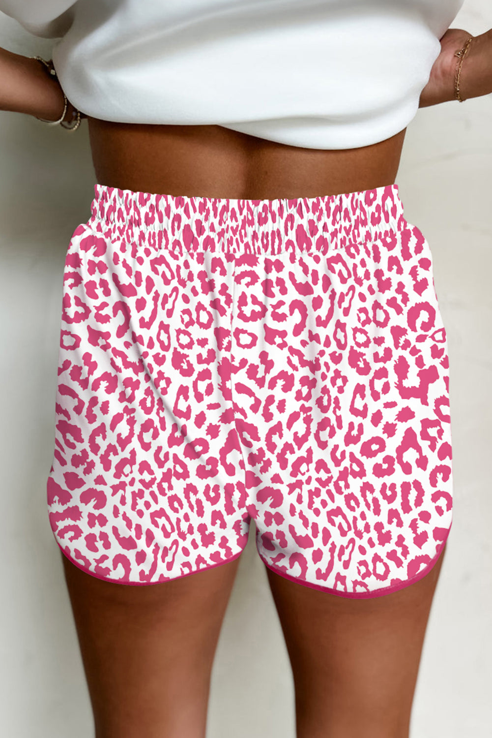 Pink Leopard Elastic Waist Lace up Contrast Trim Casual Shorts 