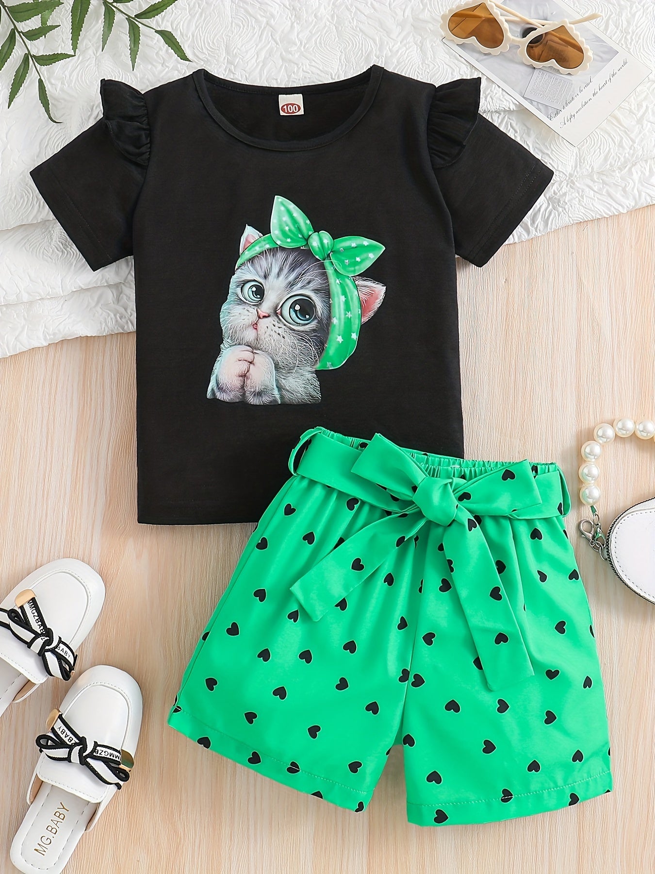 2pcs Toddler Girls Cute Cartoon Bow Cat Graphic Ruffle Trim T-Shirts Casual Round Neck Tees Top & Heart Graphic Belted Shorts Set Kids Summer Clothes